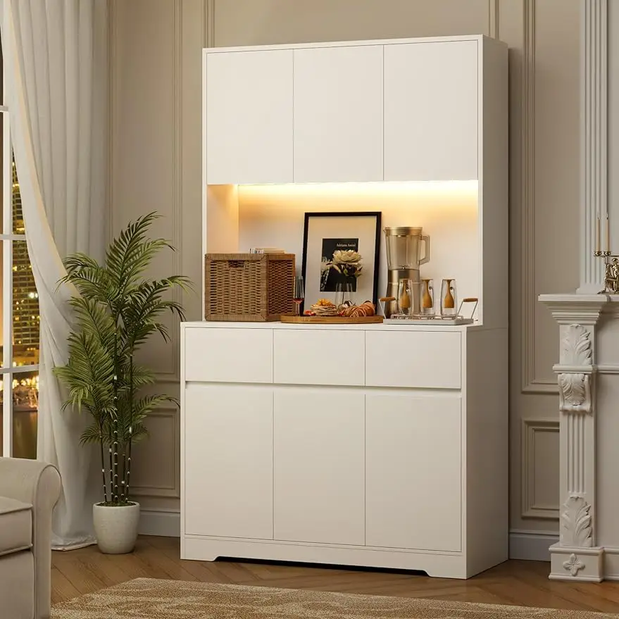 

71'' Tall Kitchen Pantry Storage Cabinet with Power Outlets and Led Lights, Large Kitchen Hutch Buffet Cabinet w/Microwave Stand