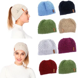 Winter Knitting Hats Winter Women Hat Ladies Girl Stretch Knit Hat With Tag Messy Bun Ponytail Beanie Holey Warm Hats Caps