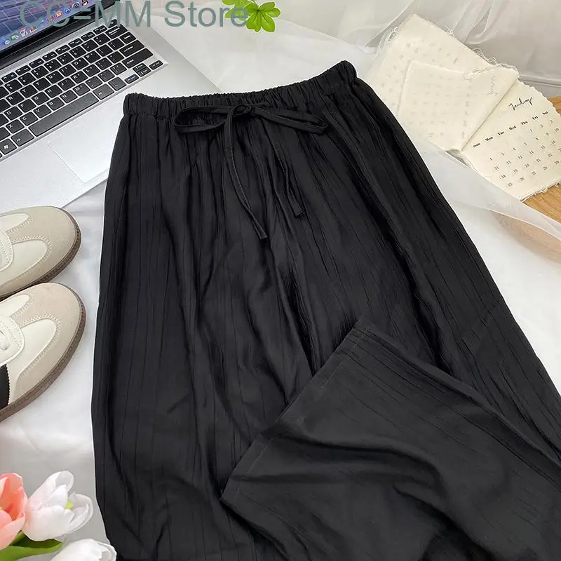New High Waisted Pants for Women Solid Korean Fashion Drawstring Wide Leg Pants Ladies Casual Full Length Pants
