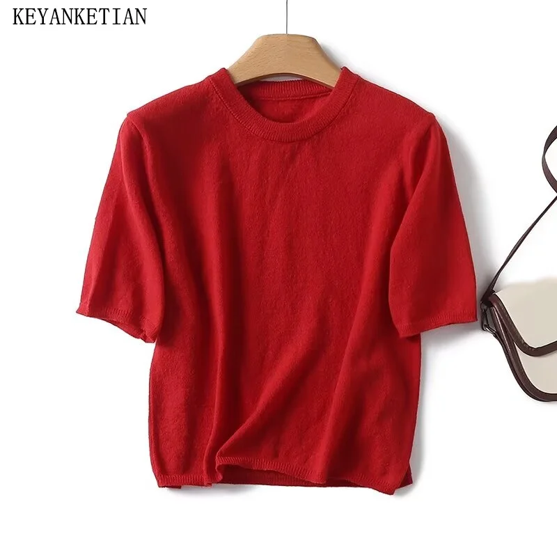 KEYANKETIAN 2024 New Launch Women's Red Short Sleeve Knit Top Summer American Retro Basic O-Neck Slim Light Sweater Crop Top