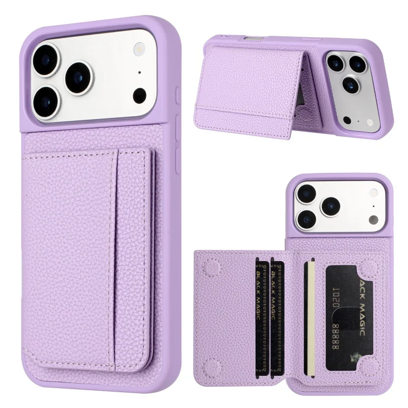 Lychee Pattern Leather Wallet Phone Case with Sliding Card Slots Cover
