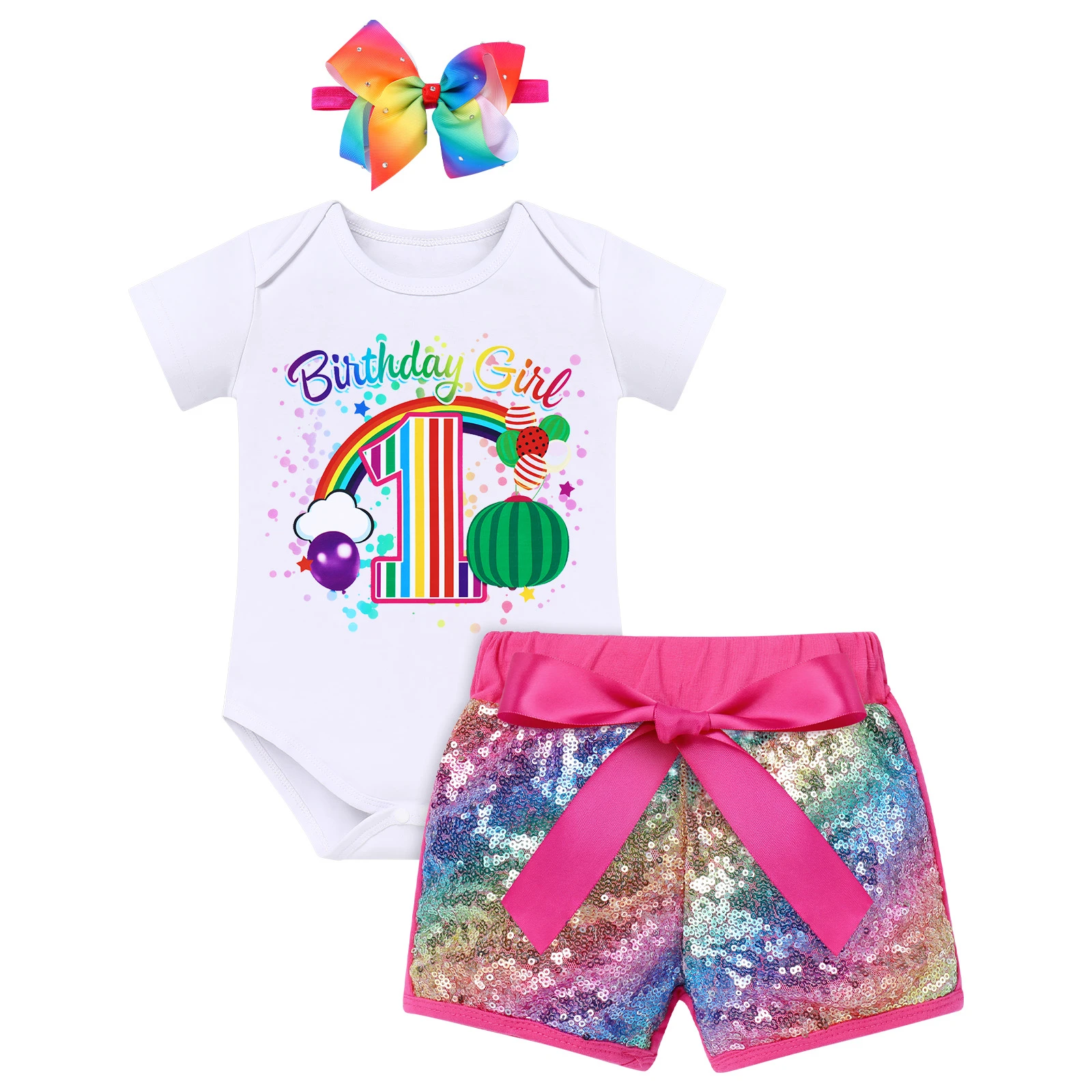 Infant Baby Girls Coco-melon Themed Birthday Party Outfit Baby Girls Cake Smash Clothing Sequin Embellished Shorts Baby Clothing Set best of sale