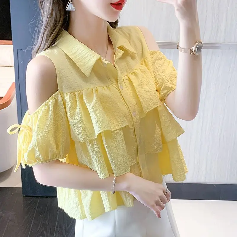 

Minimalist Short Sleeve Top Summer New Polo-Neck Design Sense Solid Color Age Reduction Off Shoulder Ruffles All-match Blouse