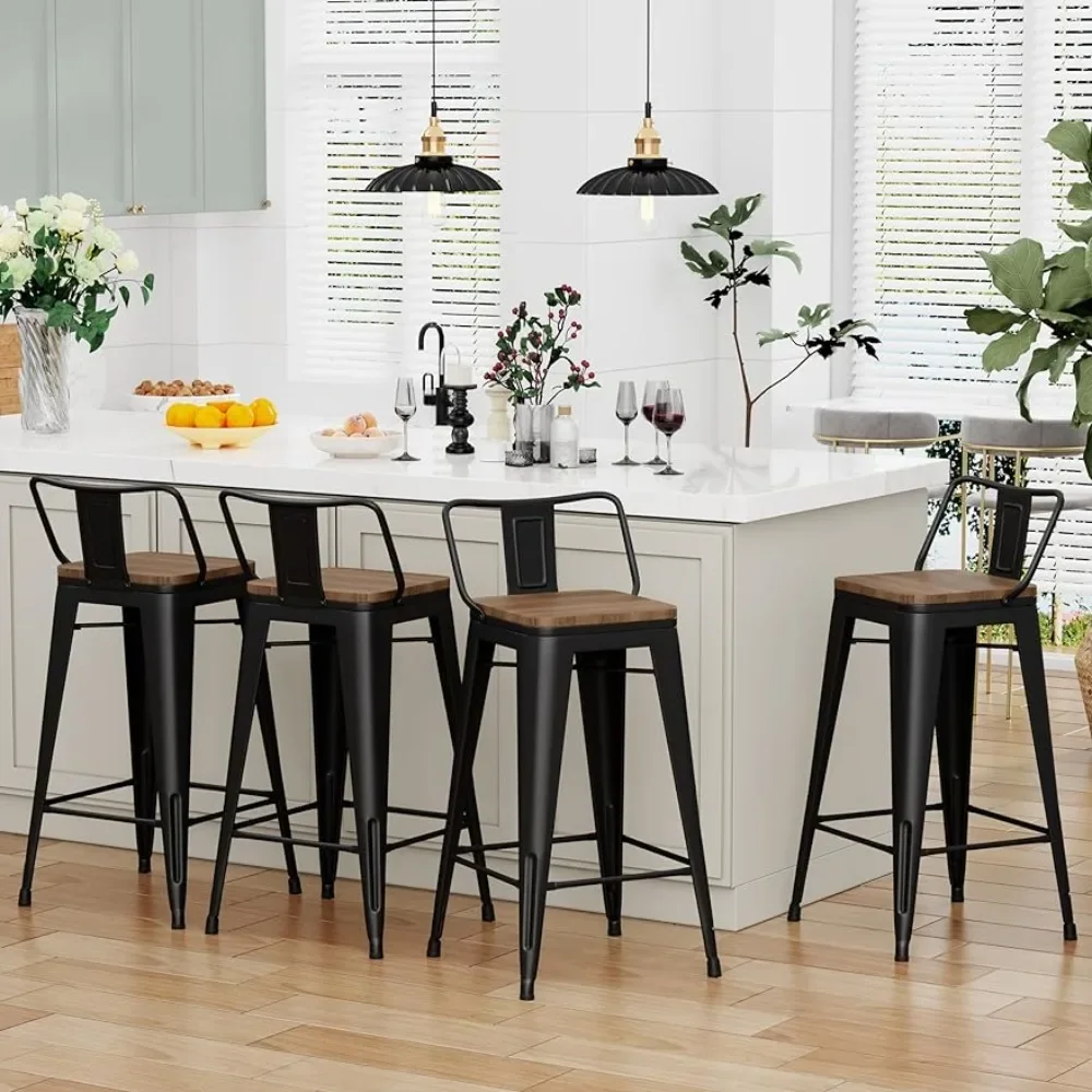

Metal Bar Stools Set of 4 Counter Height Barstools, Industrial Counter Stool Bar Chair with Wood Top (Low Back,Matte Black) 26"