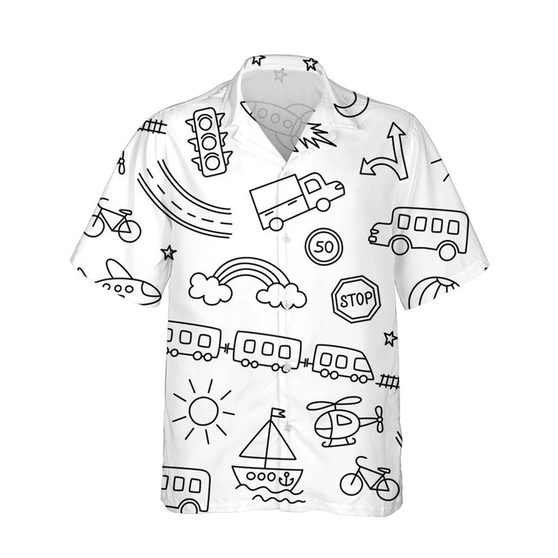 thumbnail image 1 of Camisas de mini tren para hombre, ropa hawaiana de verano, camiseta de manga corta, suelta, para vacaciones, playa, social, con solapa, estampado 3D, camisa vintage 2023, 1 of 5
