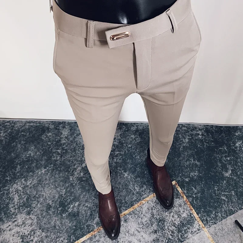 

Мужские деловые облегающие Костюмные брюки, мужские высококачественные однотонные деловые брюки, Стрейчевые облегающие леггинсы, Мужская брендовая одежда 36