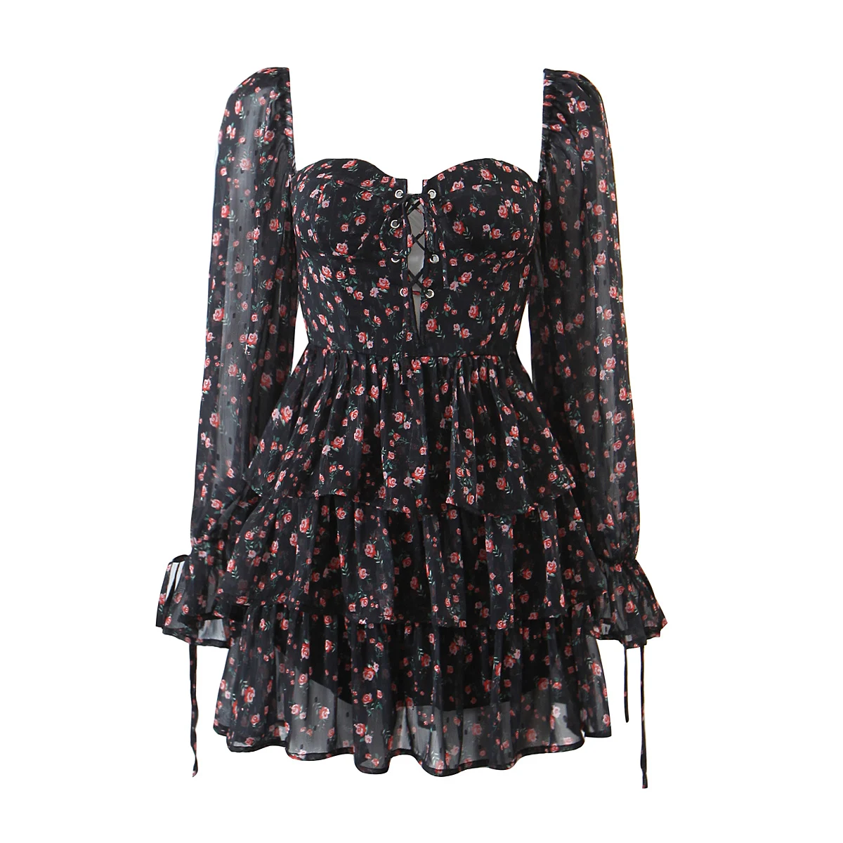 Women’s Black Flower Print Puff Long Sheer Sleeve Sweetheart Neck Mini Dress With Three Layer Ruffle Hem And Center Bow Detail