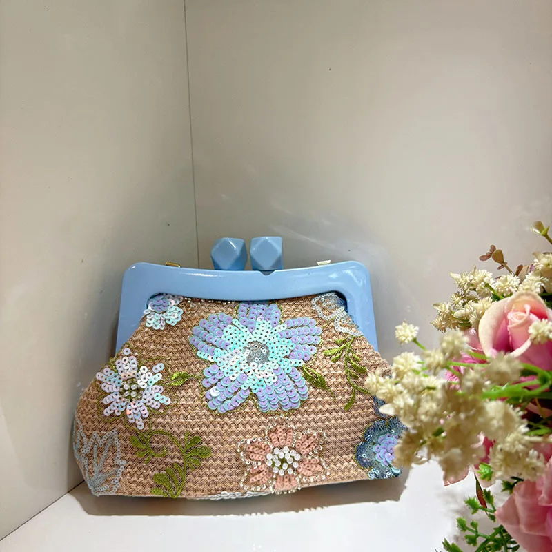 Women Embroiry Evening Sequins Handbag Vintage Flower Straw Beach Handbag Weaving Satchel Bag Ladies Summer Daily Bag