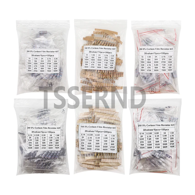 Carbon Film Resistor Assortment Kit 150PCS 300PCS 1W 2W 3W 5W 5% Resistance Set 30Kinds 0.1-750 ohm 1K-820K DIY components