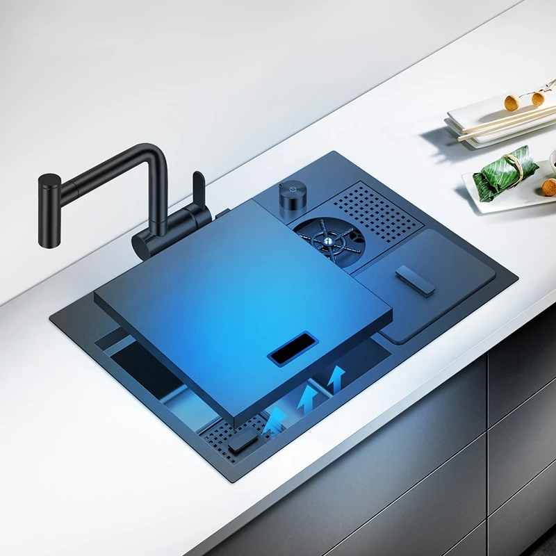 

black nano hand-made cup rinser sink with trash can and hidden cover-6042NX-3