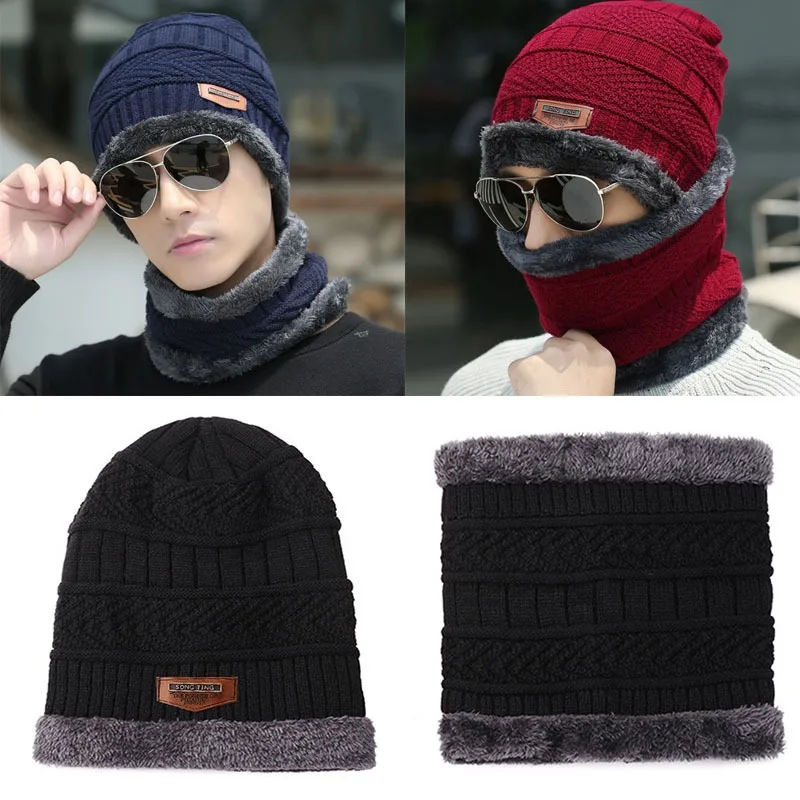 Winter Hats Knit Cap for Men Women with Fleece Scarf Outdoor Riding Hat Warm Thickened Neck Protection Cap Beanie