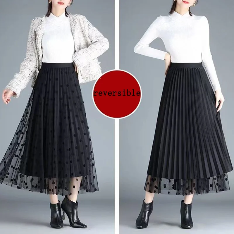 Casual Elegant All-Match Women's Skirt Summer Trend Office Lady's A-Line Skirt High Elastic Waist Sweet Mesh Dot Pleated Skirt