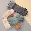 Winter Female Cashmere Warm Suede Leather Cycling Mittens Double Thick Velvet Plush Wrist Women Touch Screen Driving Gloves 4
