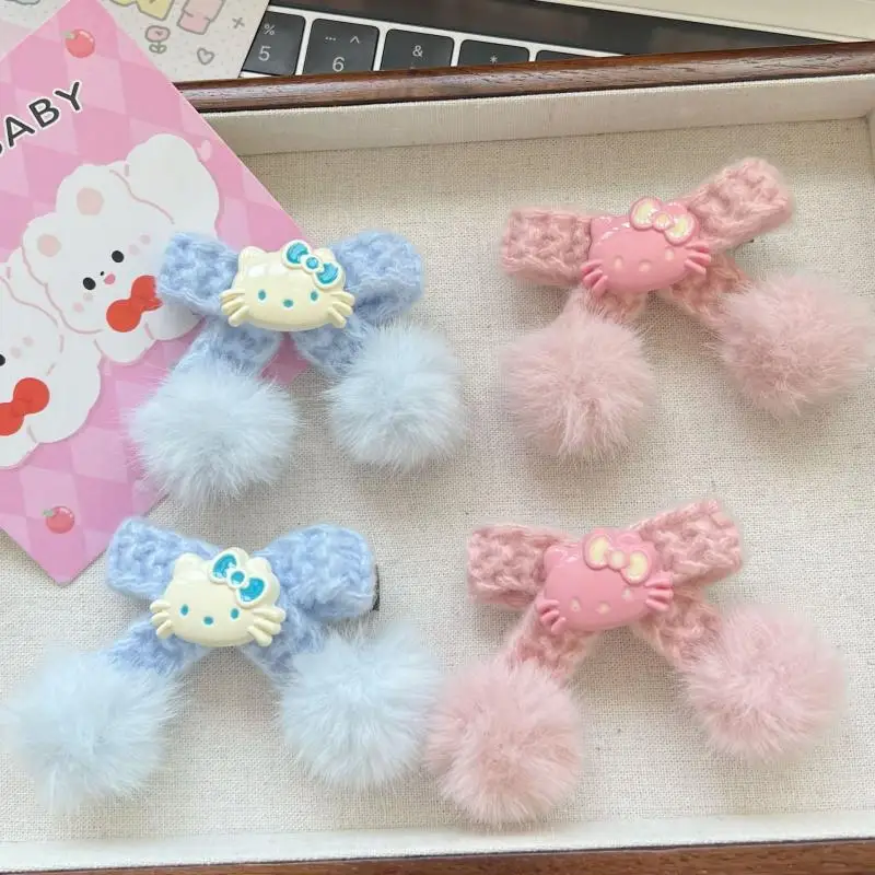 

Hellokitty Hair Clips Sanrio Kawaii Anime Sweet Girl Plush Bow Side Hair Clips Double Ponytail Headdress Broken Hair Clips Gift