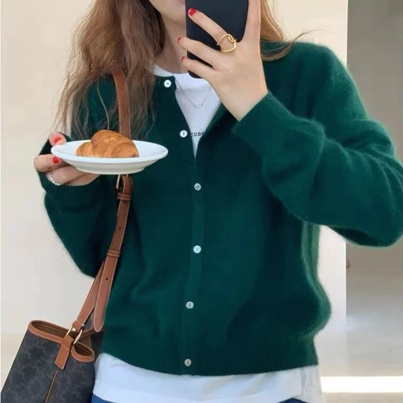 2026 Korean Knitted Cardigan Women's Autumn Winter Fashion O-Neck Versatile Slimming Basis Sweater Long Sleeve Vintage Y2k Tops 1