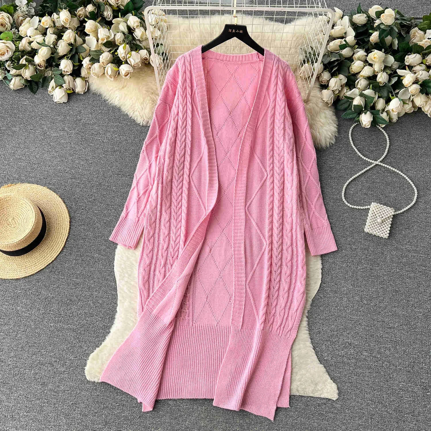 

2023 Fashion Autumn Sweater Cardigan Women Casual Solid Color Full Sleeve Side Split Long Knitted Outwear Coat Loose Jumper Top