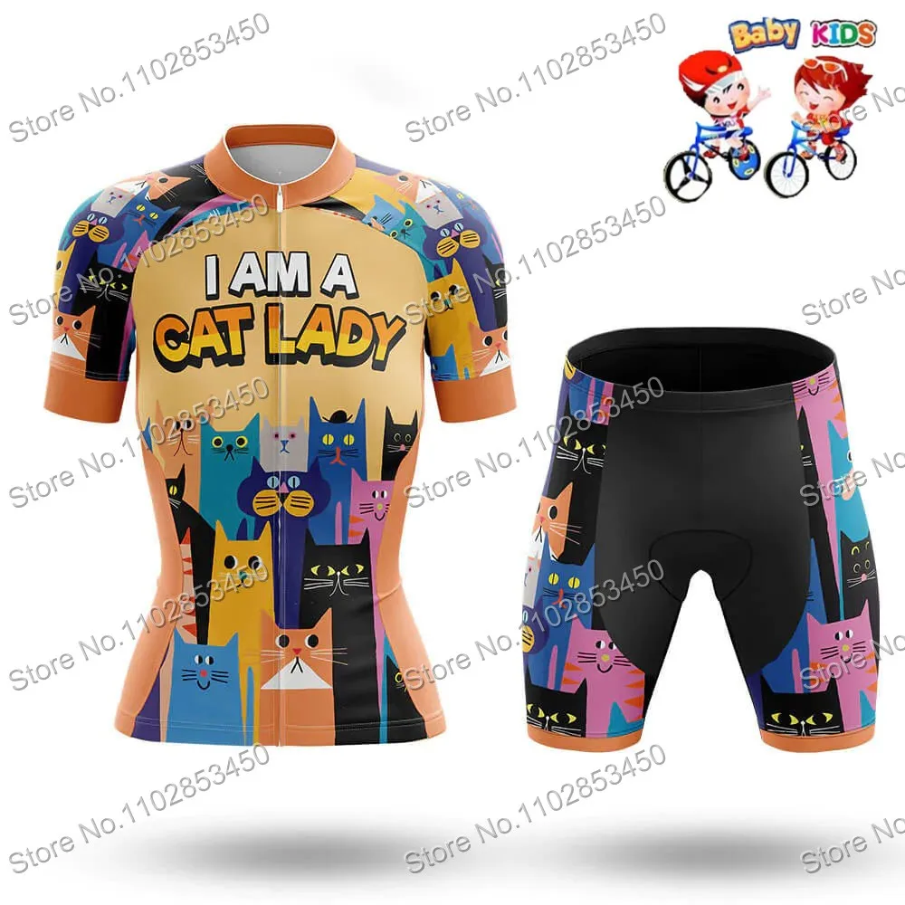 2023 Kids Funny Cartoon Cat Cycling Jersey Set Summer Short Sleeve Girls Clothing Kits Children Road Bike Tops Bicycle Suits MTB 2