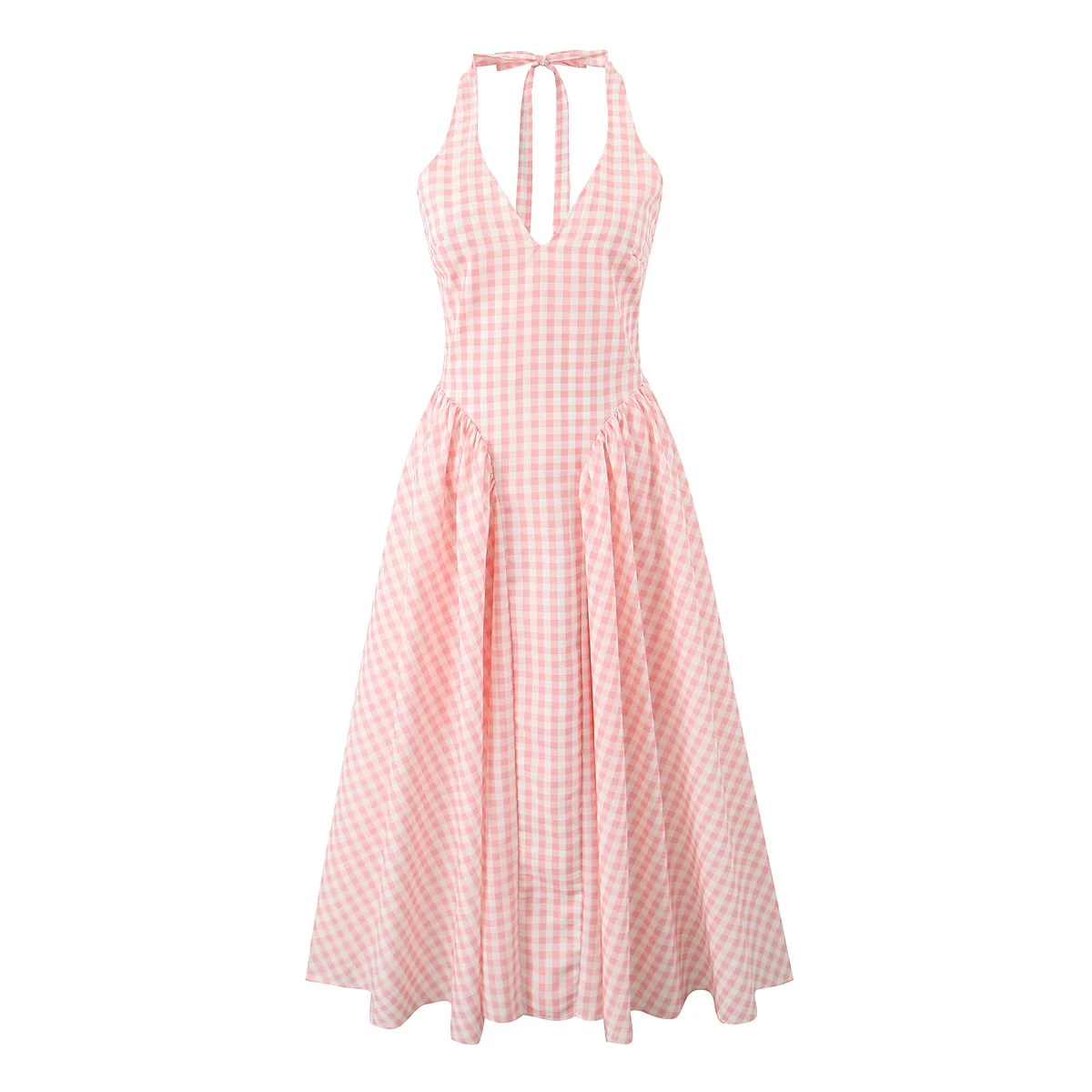 2024 Holiday Pink White Plaid Bow Halter V Collar Sling Midi Dress Women  Low Waist A-Line Pleated Swing Backless Robe Beach