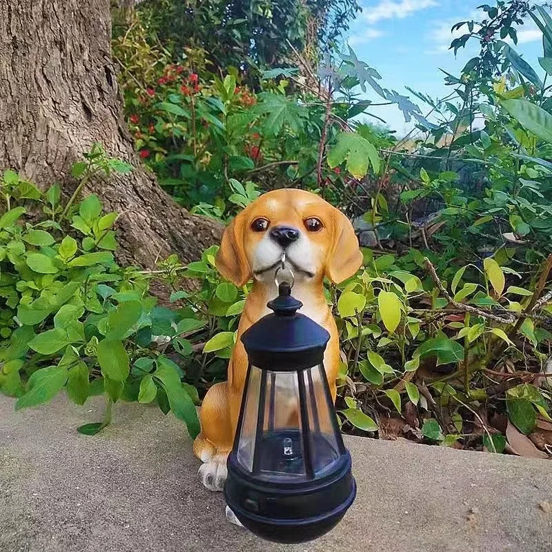 Hundeharz-Statue Mit Solar LED Lichtern – Wasserdichte Boxer-Figur Für Garten-Deko (Beige)