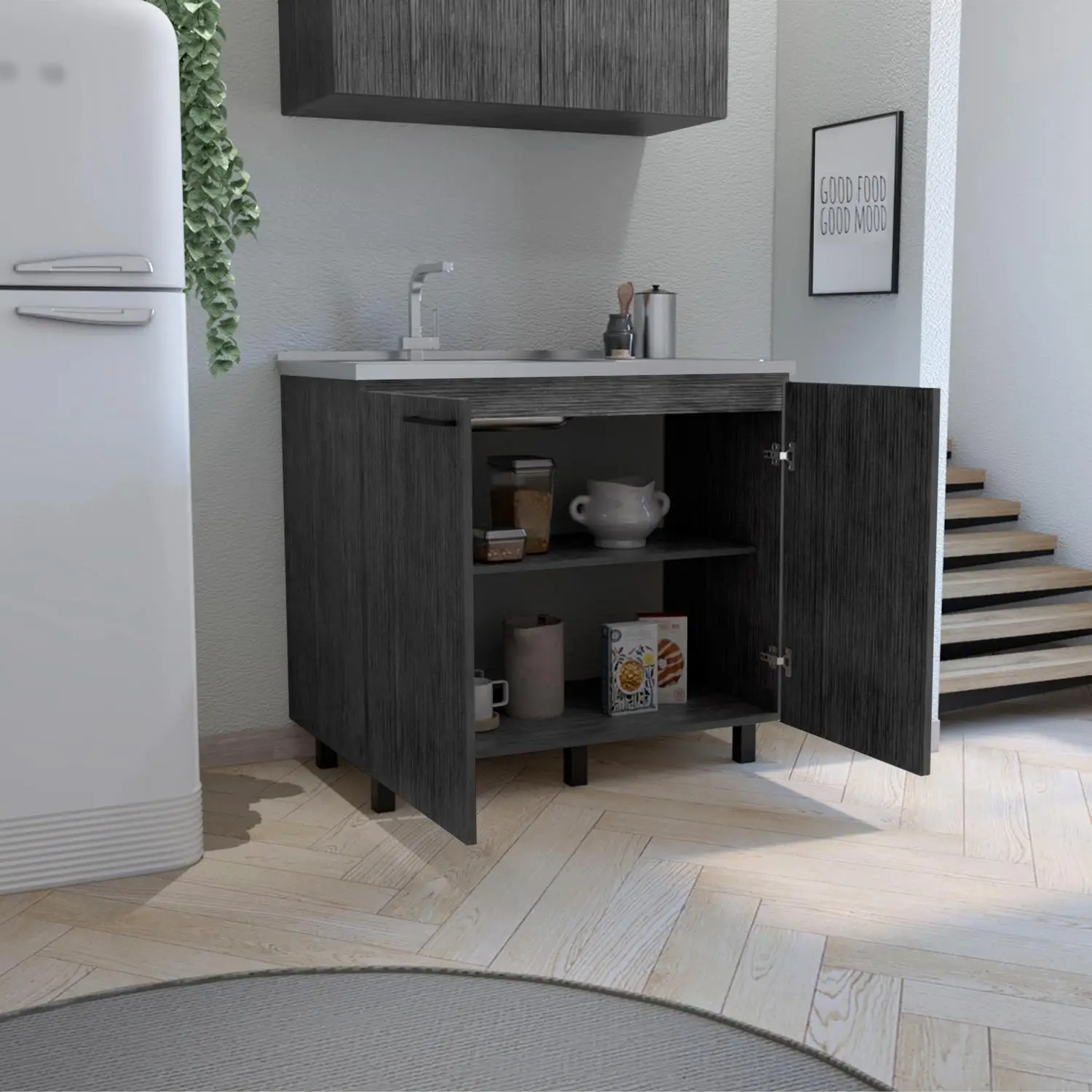 Napoles 2 Utility Sink with Cabinet, Stainless Steel Countertop, Interior Shelf Smokey Oak 3