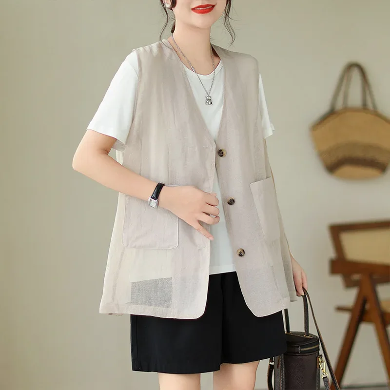 Fashionable Plus Size Women's Cotton Linen Top Motorcycle Jacket Stylish Summer Thin Vest Outer Wear Jacket