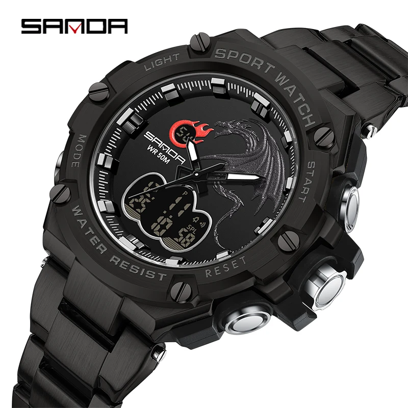 

SANDA 2023 New Sport Military Men's Watches 50M Waterproof Dual Display Wristwatch Male Clock Stopwatch Relogio Masculino 3196