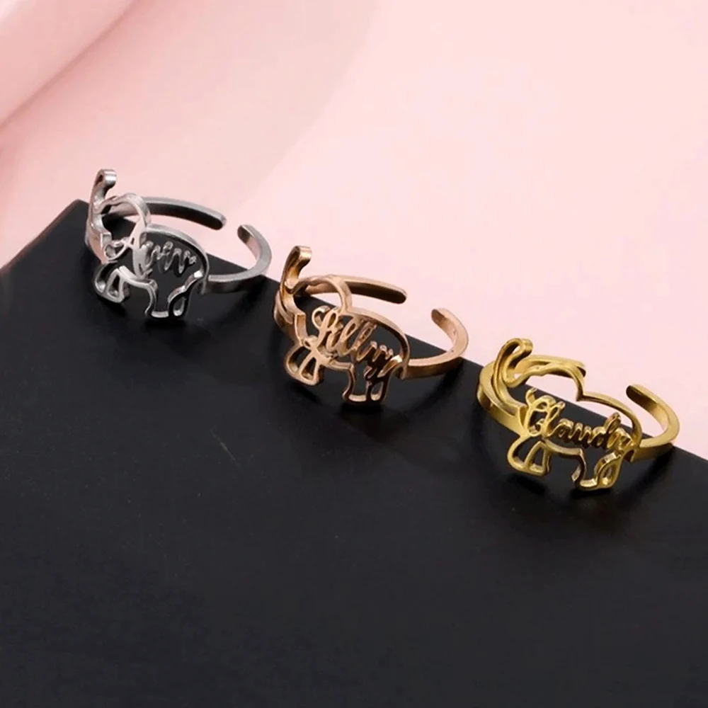 

Adjustable Custom Name Ring Personalized Letter Elephant Nameplate Rings Stainless Steel Ring for Women Anniversary Jewelry