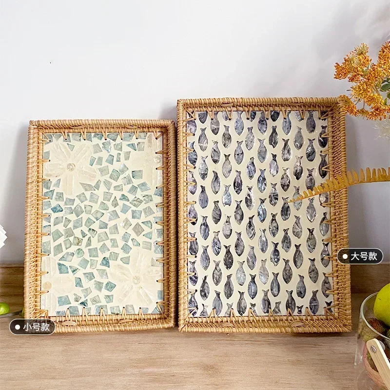 Rectangular Natural Shell Rattan Basket Creative Rattan Storage Tray Colorful Shell Storage Basket Fruit Dish Home Organizer 2