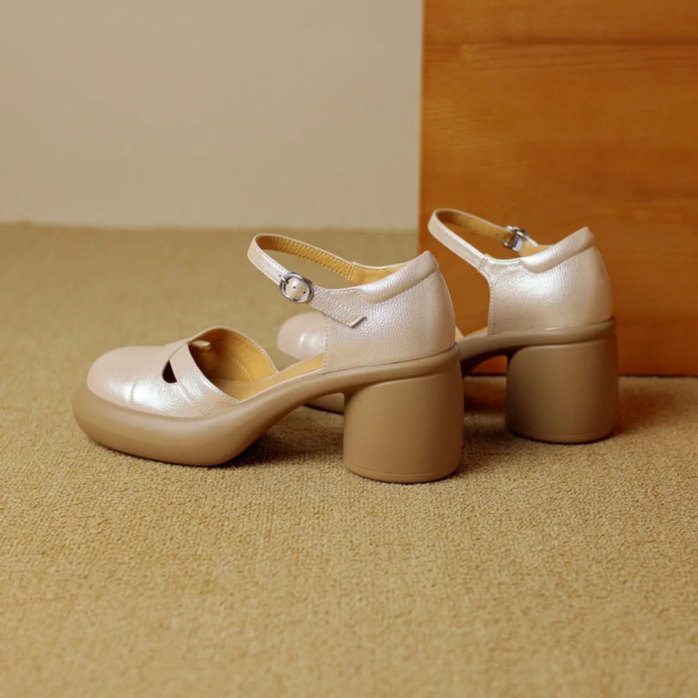 Summer New Genuine Leather Thick Sole Hollow High Heel Shoes for Women's Retro Versatile One Button Headband Thick Heel Sandals