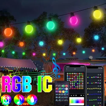 LED 스마트 정원 조명, 스트링 RGBIC 원형 화환 조명, 앱 밝기 조절 색상 변경, 방수 음악, 크리스마스 마당 침실