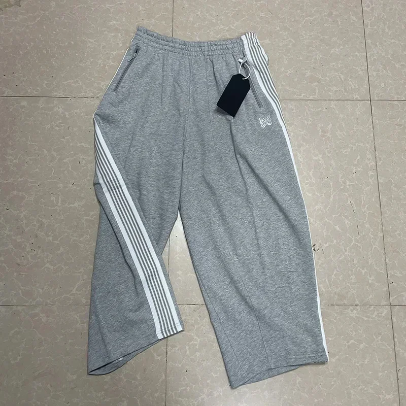 25SS Butterfly Embroidery AWGE Wide Leg Pants Men Women Grey Pure Cotton Oversized Striped Sweatpants 2