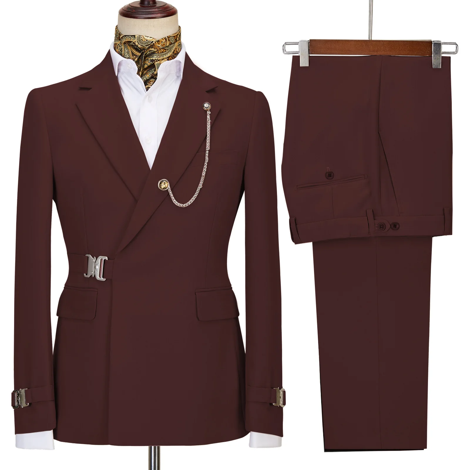 

Lansboter Burgundy Men Suit 2 Pieces Slim Solid Color With Metal Buttons Suitable For Business Wedding Banquet Jacket With Pants