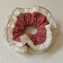Elegant Red & White Gingham Scrunchie with Ruffled Lace Trim - Chic Hair Accessory for Everyday & Special Occasions (Red)