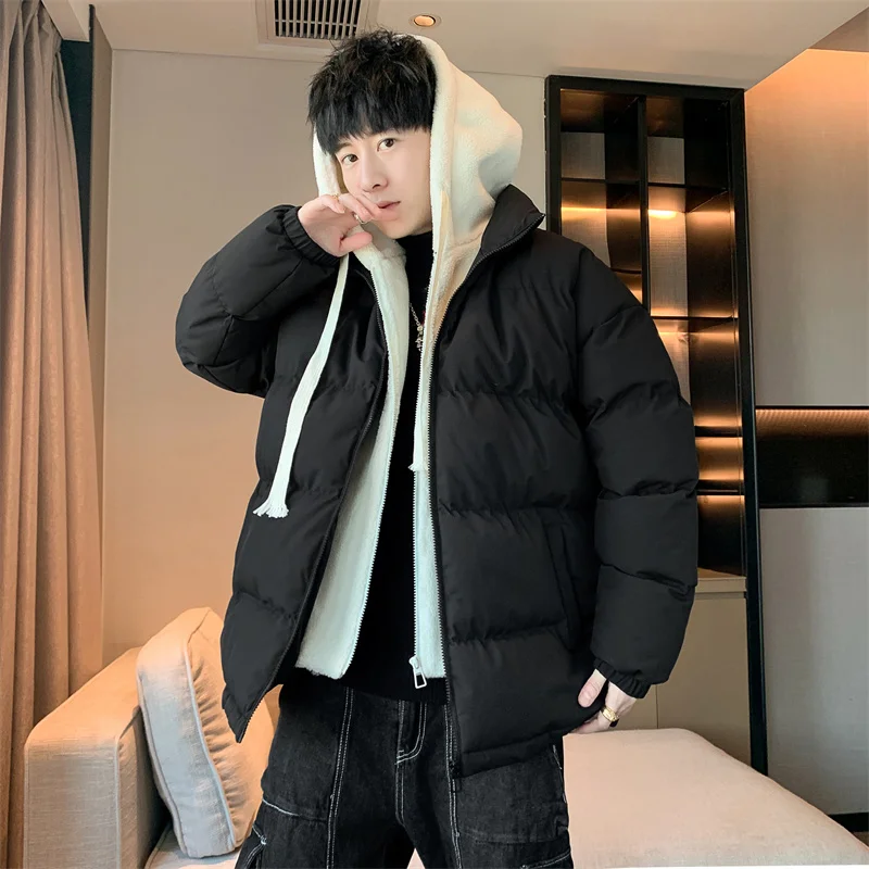 Casual Men's Cotton-Padded Jacket In Winter 2023 Warm Parkas Outwear Solid Lamb Plush Hooded Down Coat Autumn Thick Tops Clothes