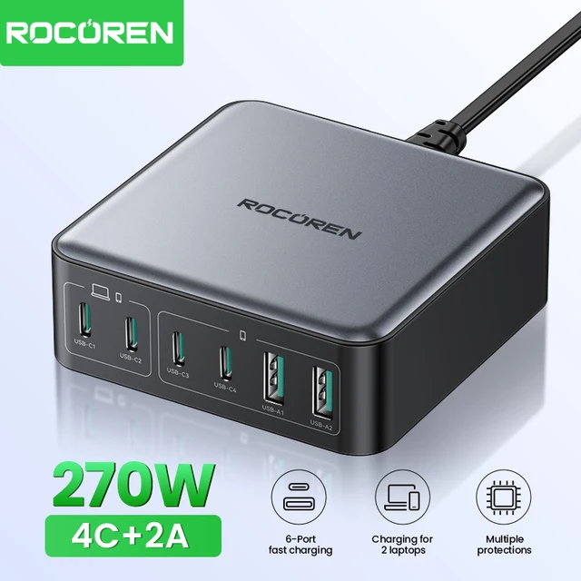 Rocoren 200W GaN Charger PD Fast Charging USB Type C Charger 270W 6 in 1 USBC Power Station For iPhone 16 15 Pro Max Xiaomi 14