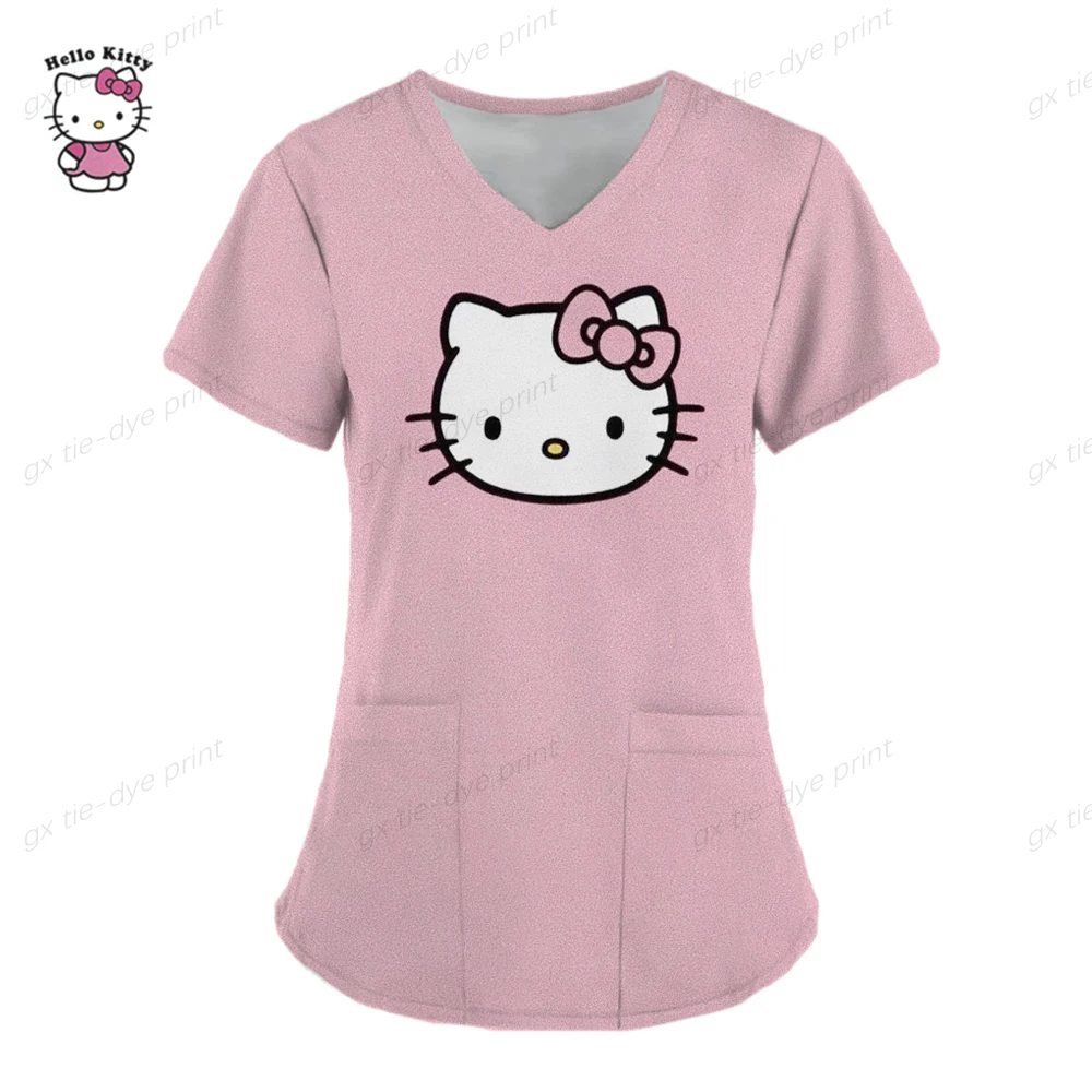 thumbnail image 1 of Uniforme de Hello Kitty para mujer, camisa de trabajo de enfermera con estampado de dibujos animados de Hello Kitty, bata con bolsillo, uniforme de enfermería para Navidad, 1 of 5