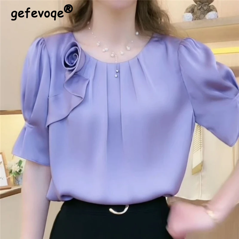 

Women's Clothing Ruffled 3D Flowerl Elegant Chic Blouses Summer Fashion Solid O Neck Short Sleeve Shirts Blusa Mujer Moda 2023