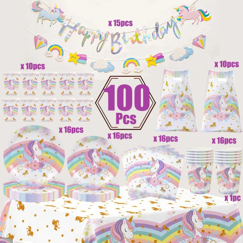 Neues Regenbogen-Einhorn Geburtstags-Dekorationsset Party-Zubehör Einhorn Happy Birthday Tischgeschirr-Set Teller Becher Ballons Party-Favors – Detail 4
