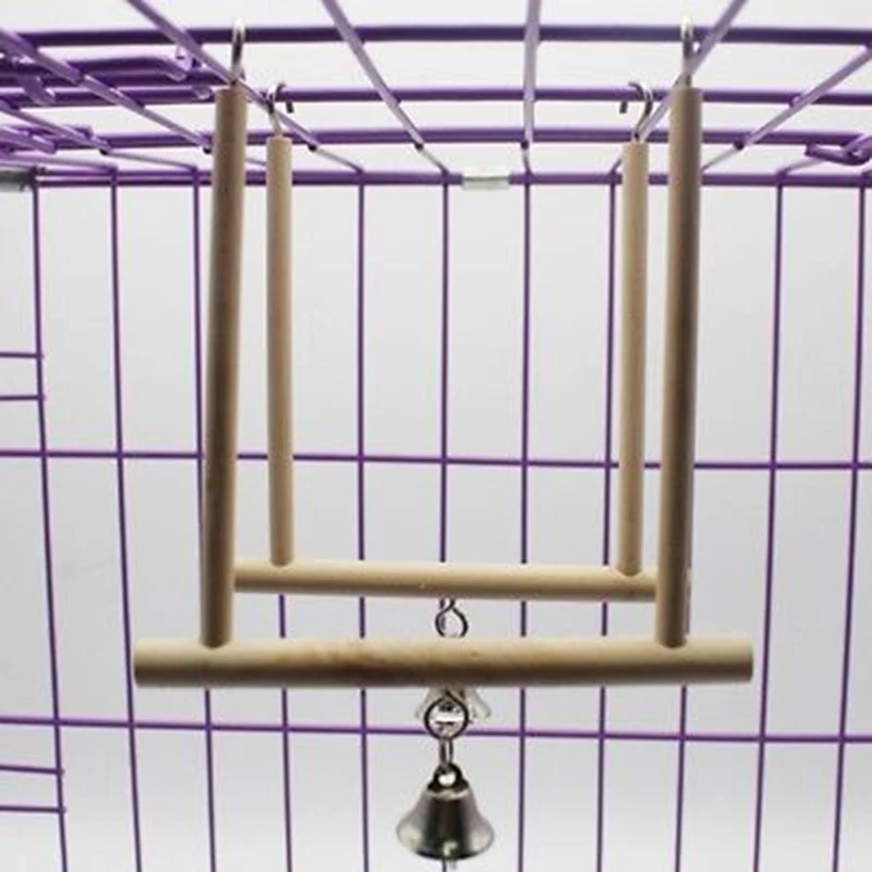 Birds Perch Parrot Play Toys Stand Holder natural Wooden Swing Bell Cage Hanging 6