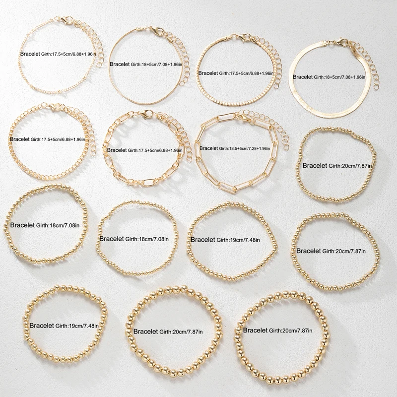 15Pcs Gold Color Bracelet Sets for Women Boho Retro Thick Twist Cuban Chain and Beads Bracelet Trendy Quality Jewelry Gifts New
