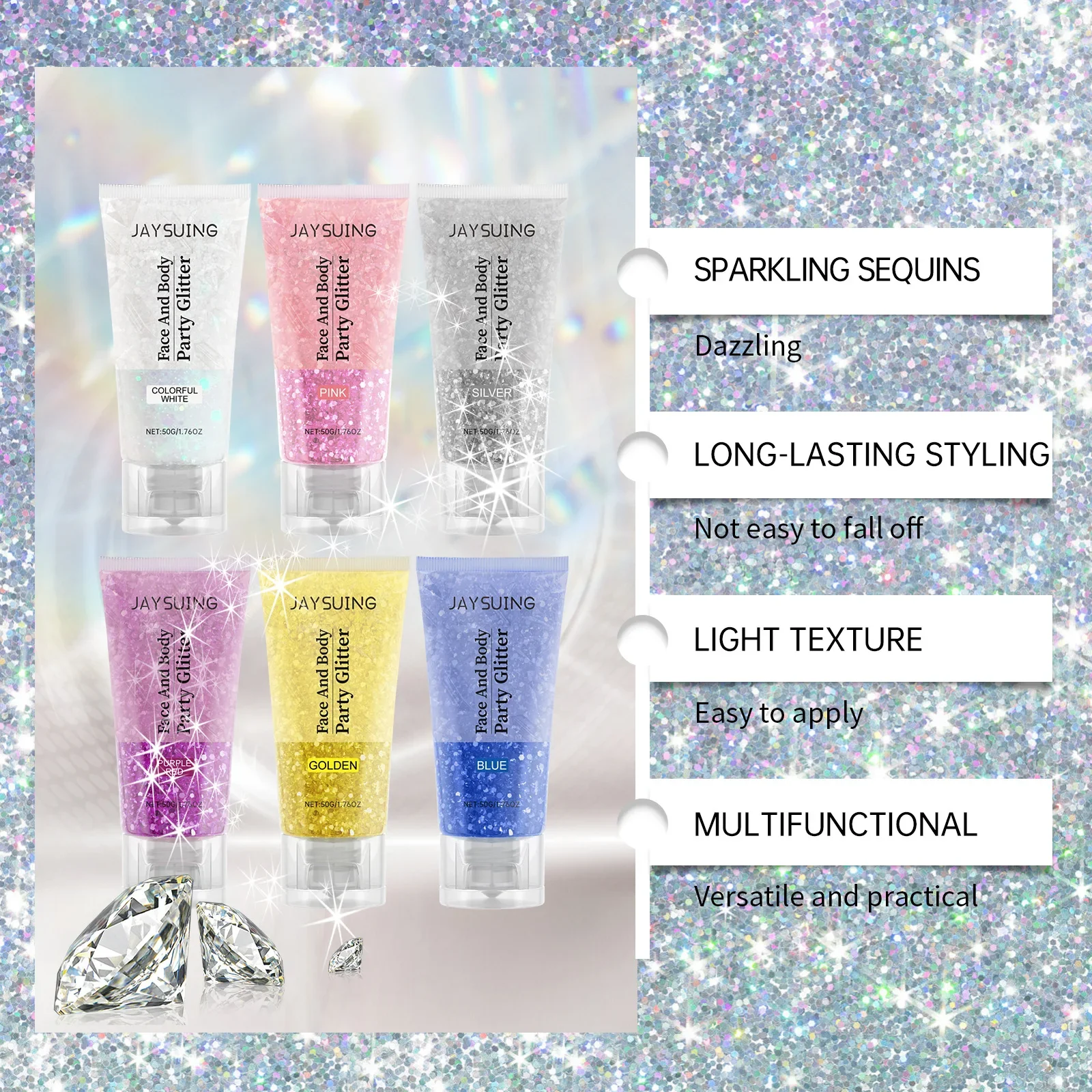 Jaysuing Glitter Sequins Gel Natural Stereo Body Highlight Sequins Party Orgy Multi-color Lasting Setting Mild Non-irritating 2