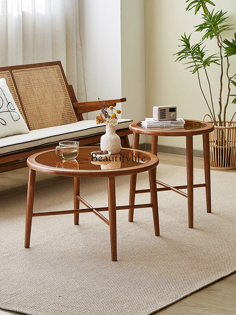 

Retro Solid Wood round Coffee Table Living Room Rattan Portable Nordic Modern Simple Small Apartment