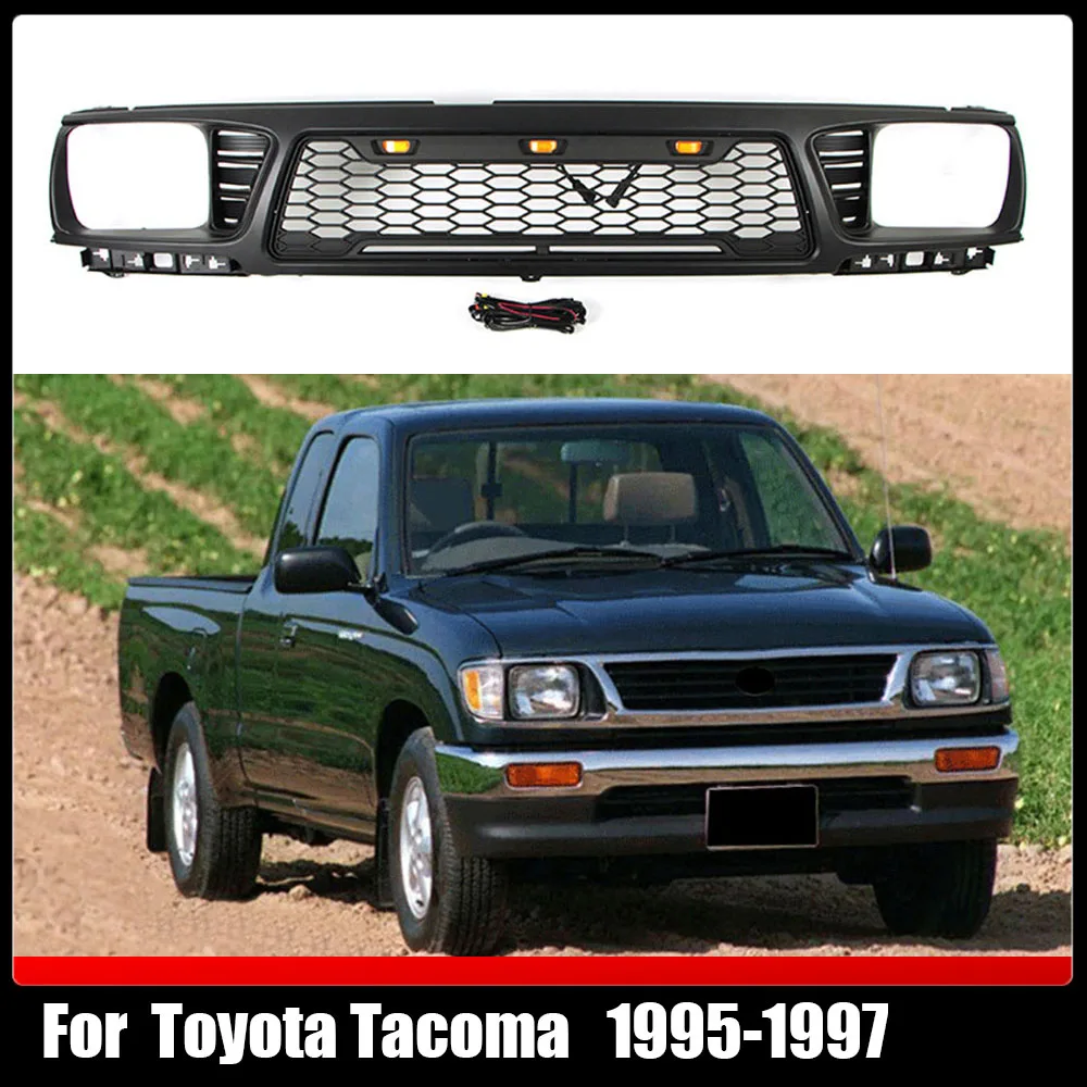 

Fit For Toyota Tacoma 1995-1997 Front Bumper Grille Trims Cover Racing Grills Black Compatible Mash Grill With 3 LED Lights