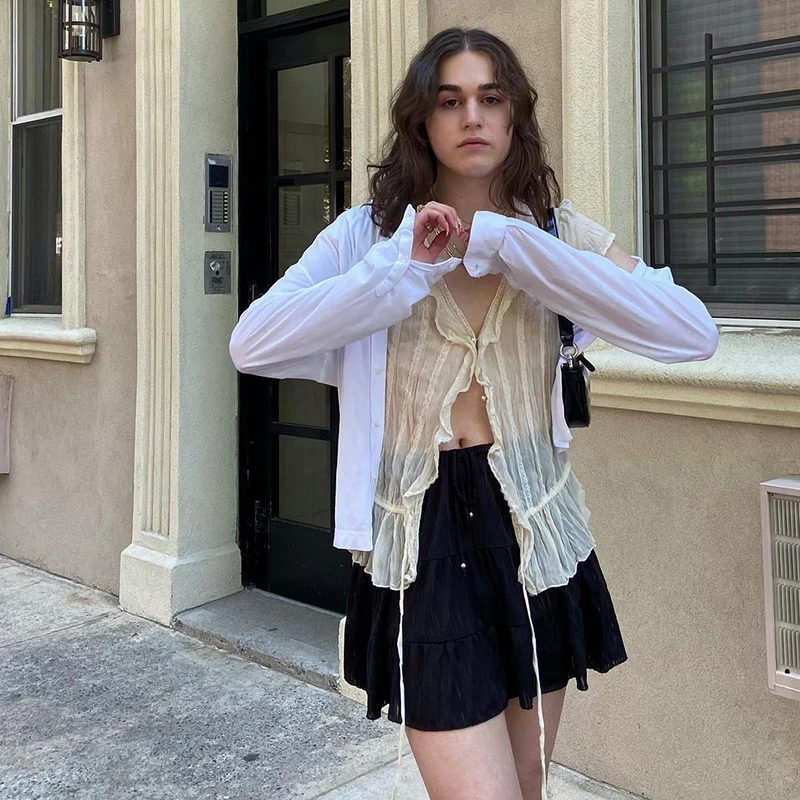 

New Womens Button Down Tops Sexy V Neck Short Sleeve Solid Color Sheer Mesh Ruffle Shirts Slim Top Club Streetwear S M L