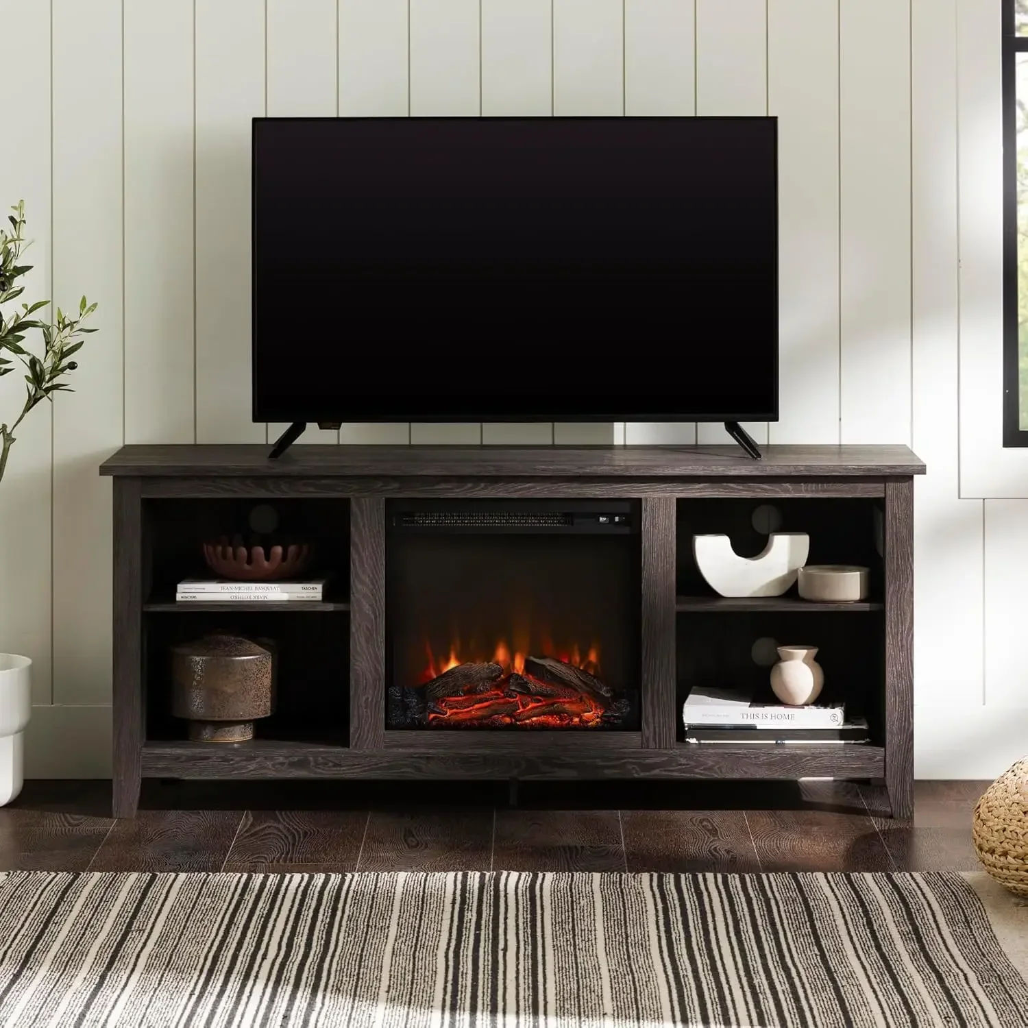 Wren Classic 4 Cubby Fireplace TV Stand for TVs up to 65 Inches, 58 Inch, Charcoal 5