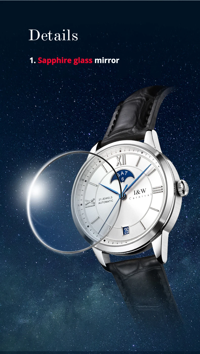 Switzerland Brand I&W New Moon Phase Automatic Watch For Women Sapphire Mechanical Watches Calendar MIYOTA Movement Reloj Mujer_voghion.com