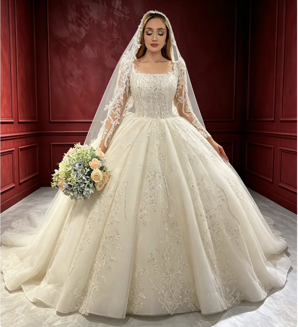 Customized Wedding Dress Luxury Square Neck Long Sleeves Lace Appliques Ball Gown With Veil Cathedral Train Made Bridal For Brid