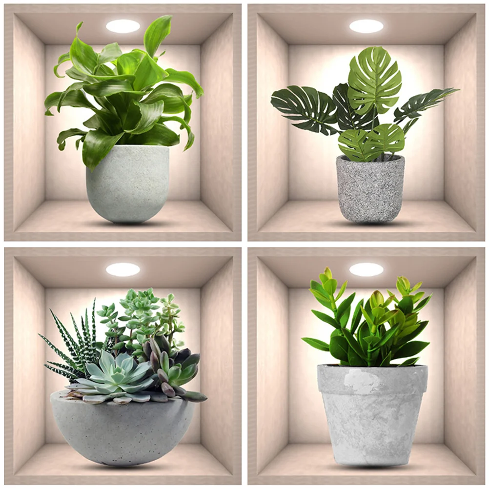 

4 Pcs Wall Sticker Bathroom Decoration Decal Self-Adhesive Flowers Potted Plant