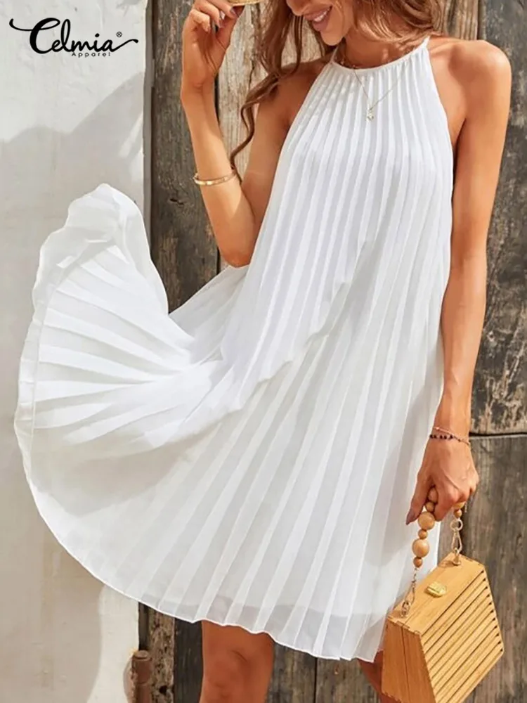 

Celmia Women Summer 2023 Mini Dress Oversize Sexy Pleated Dress Casual A-line Sundress O Neck Strap Sleeveless Party Short Robes