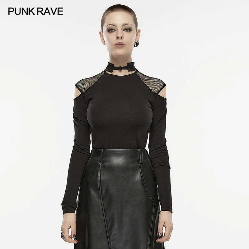 

PUNK RAVE Women's Chinese Style Fit Long-sleeve T-shirt Punk Hollow Out Modified Button Collar Personalized Sexy Black Tops